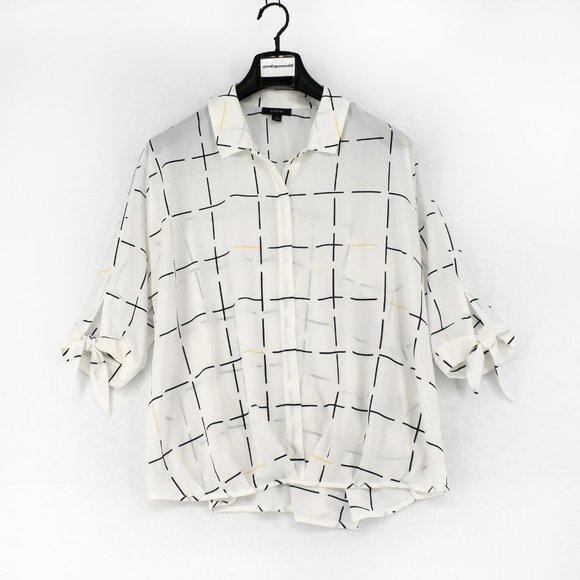 Alfani Womens White Plaid Collared 3/4 Sleeve Rolled Front Top Plus Size 0X - Picture 2 of 7